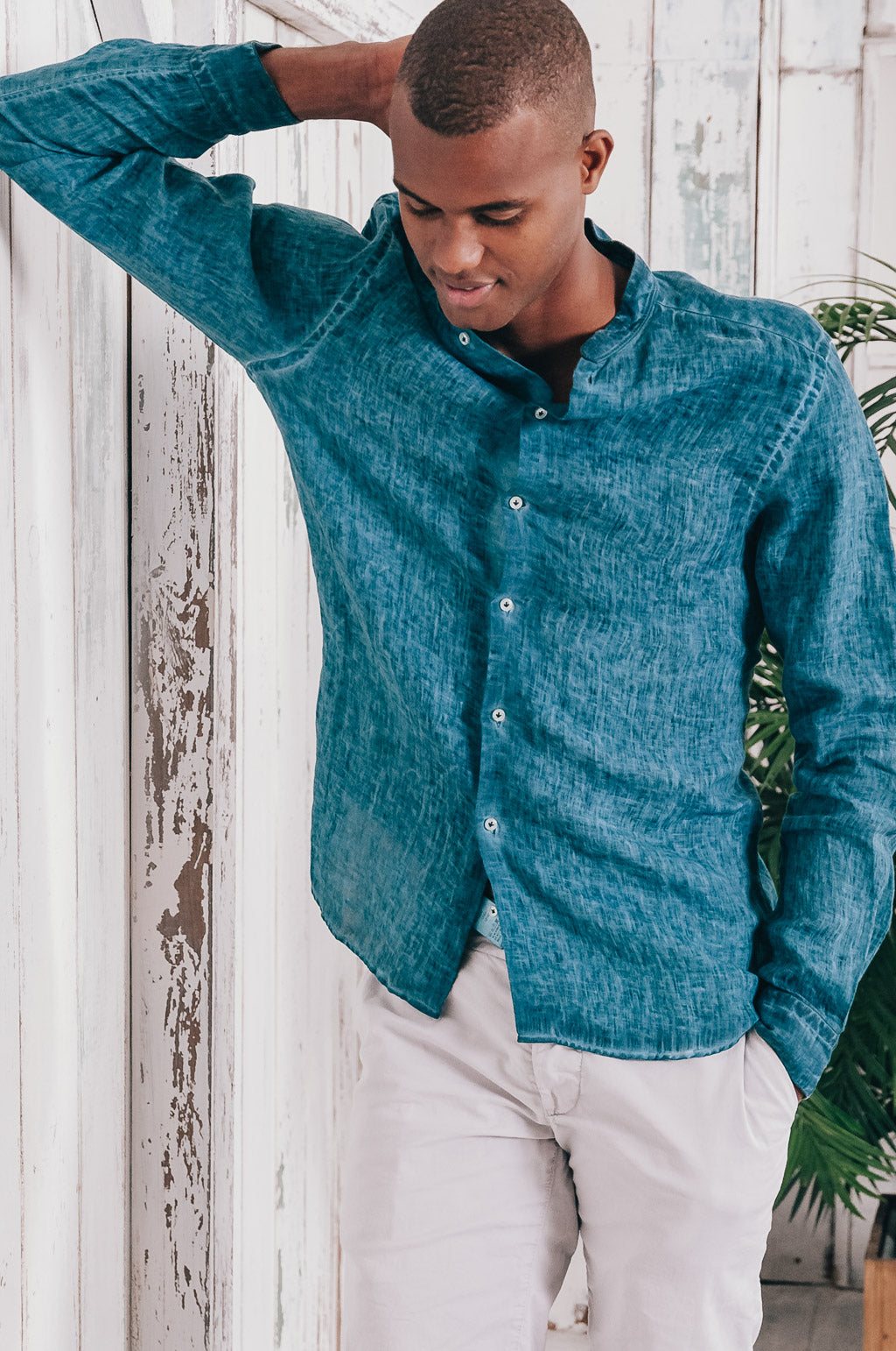 Banded Collar Linen Shirt - Lagoon - Shirts