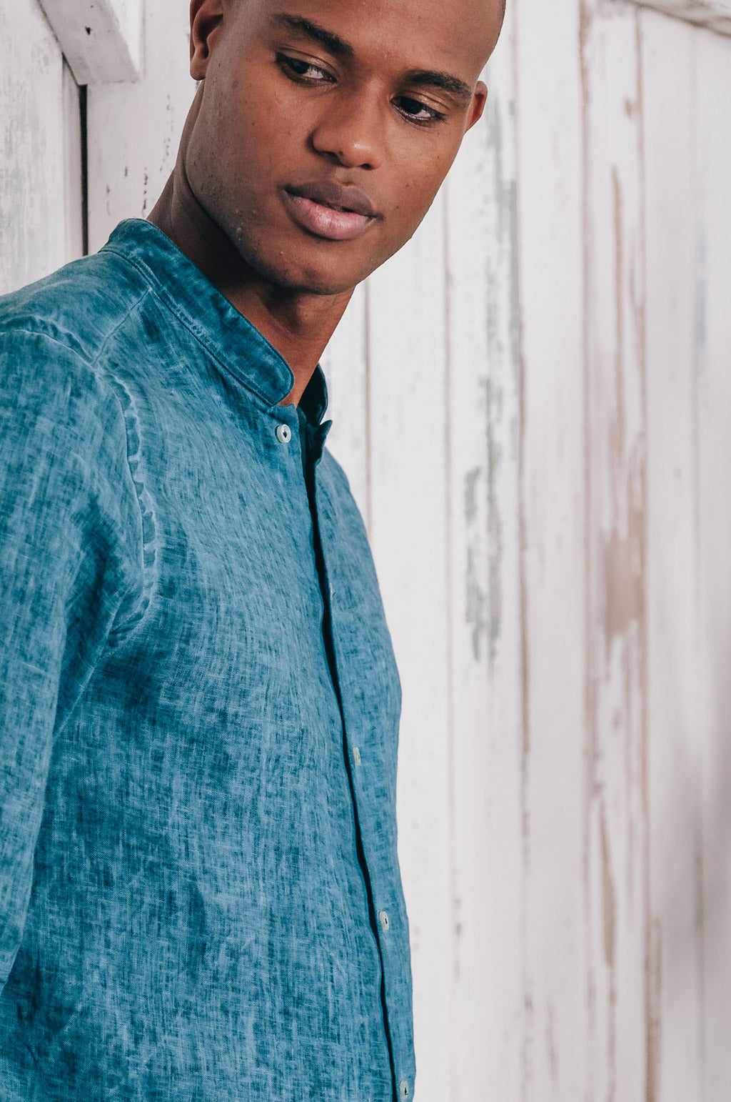 Banded Collar Linen Shirt - Lagoon - Shirts
