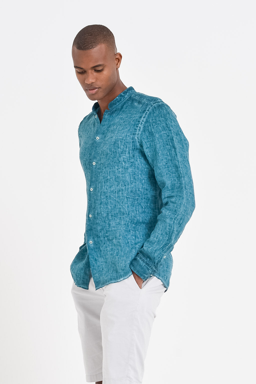 Banded Collar Linen Shirt - Lagoon - Shirts
