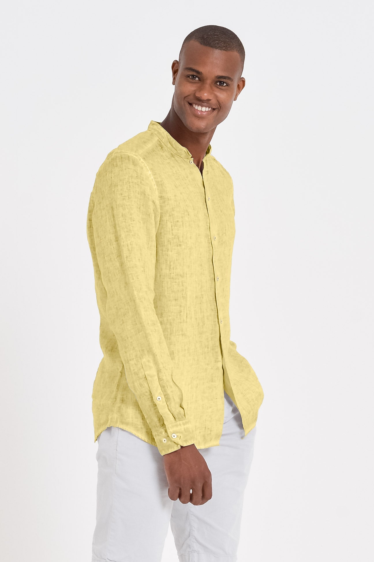 Banded Collar Linen Shirt - Limone - Shirts