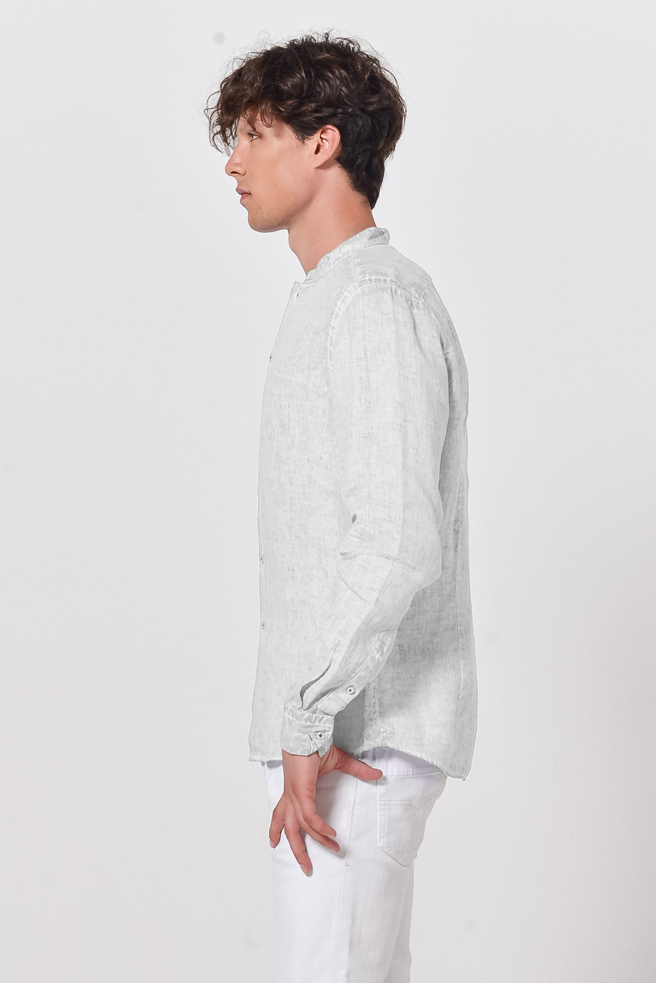 Banded Collar Linen Shirt - Marmo - Shirts