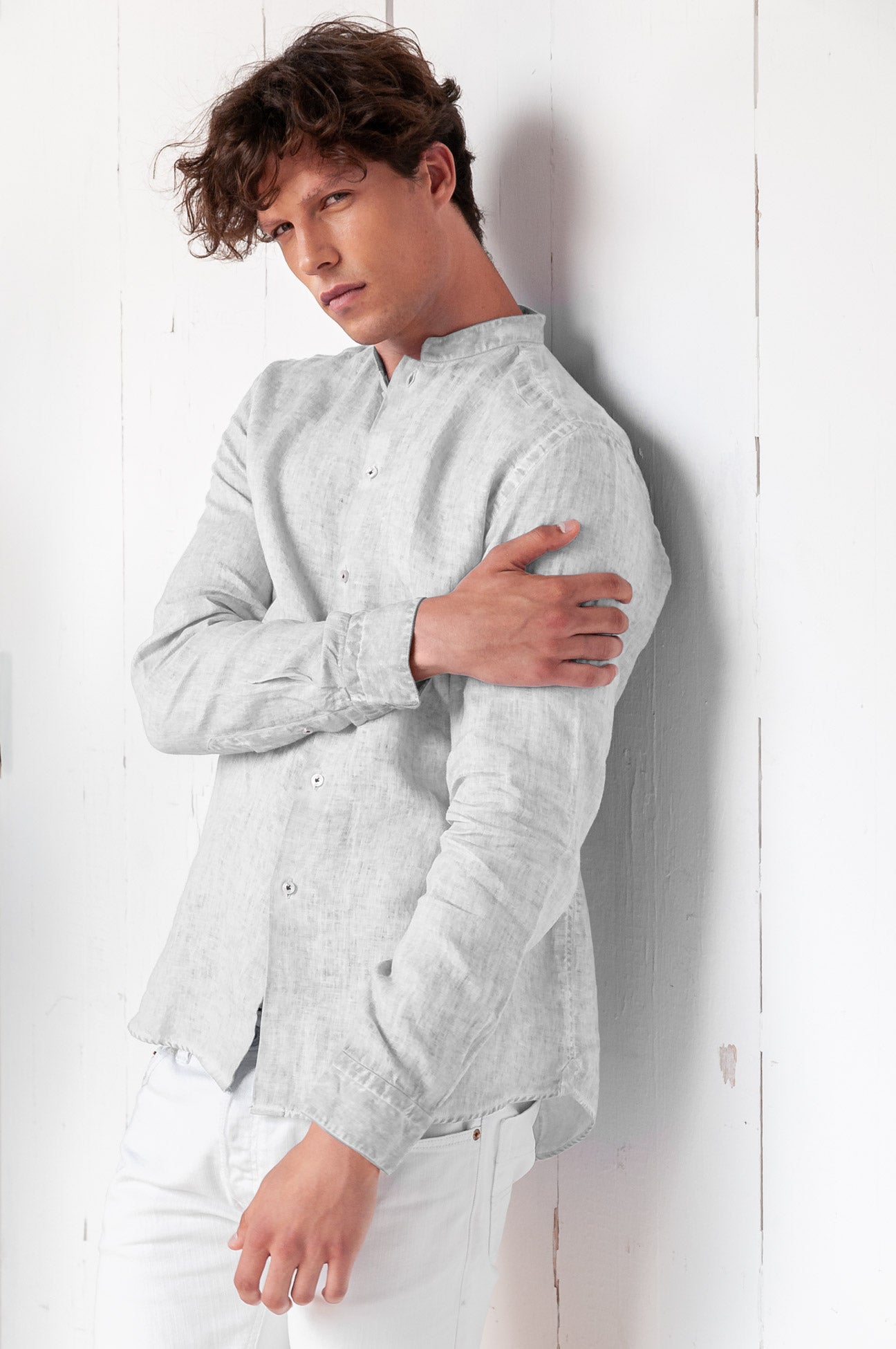Banded Collar Linen Shirt - Marmo - Shirts