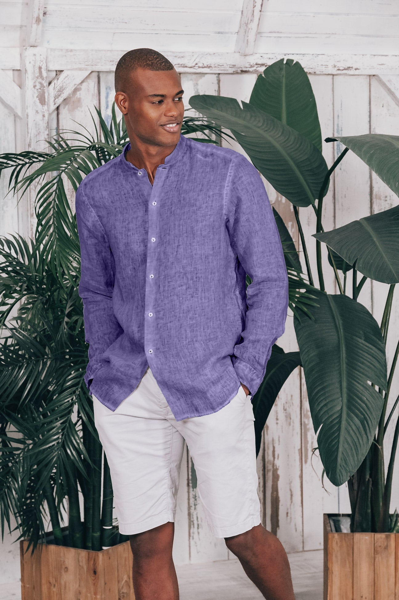 Banded Collar Linen Shirt - Mirtillo - Shirts