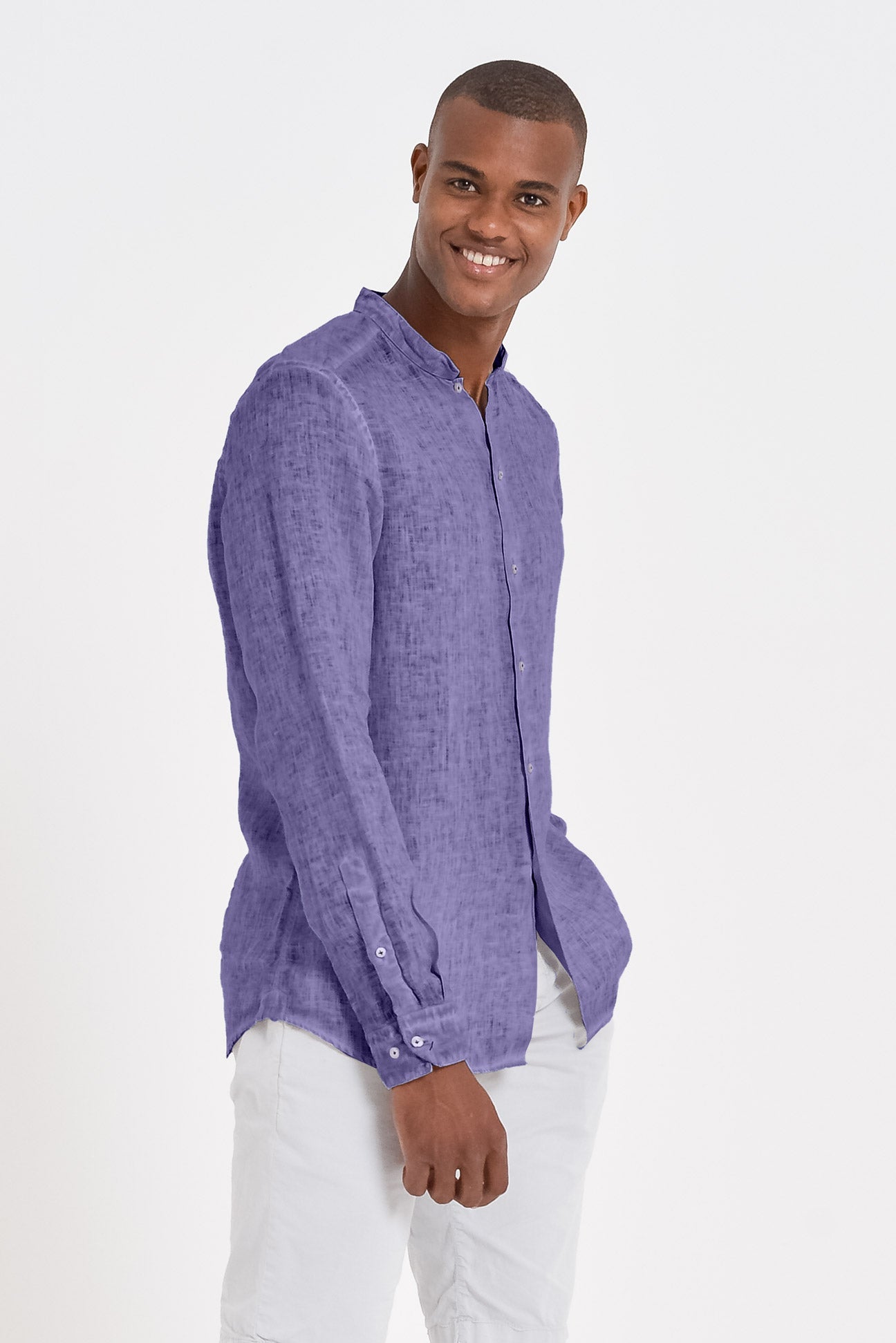 Banded Collar Linen Shirt - Mirtillo - Shirts
