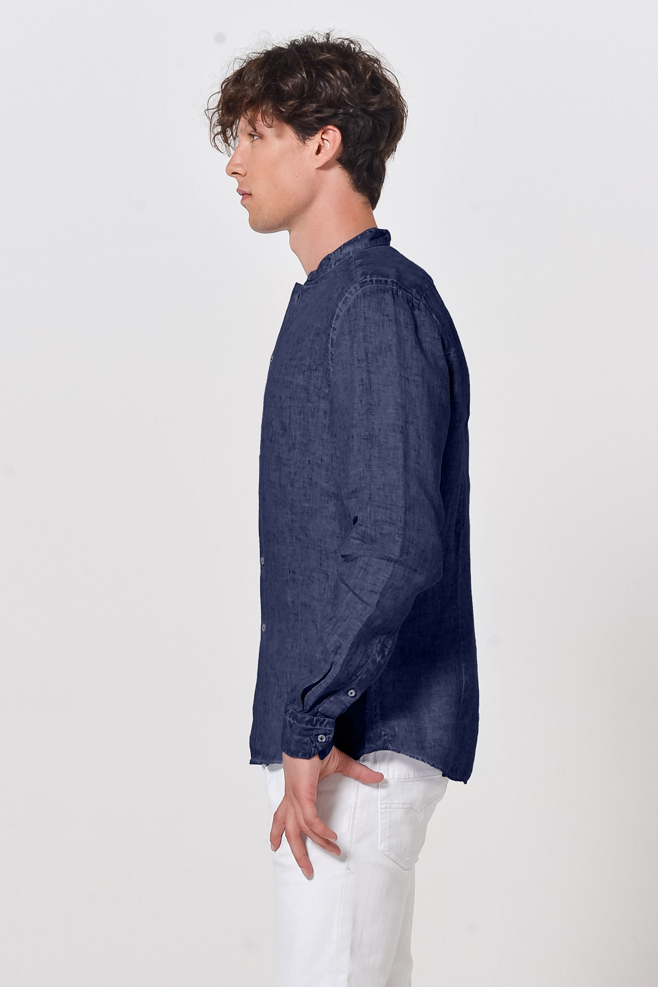 Banded Collar Linen Shirt - Navy - Shirts
