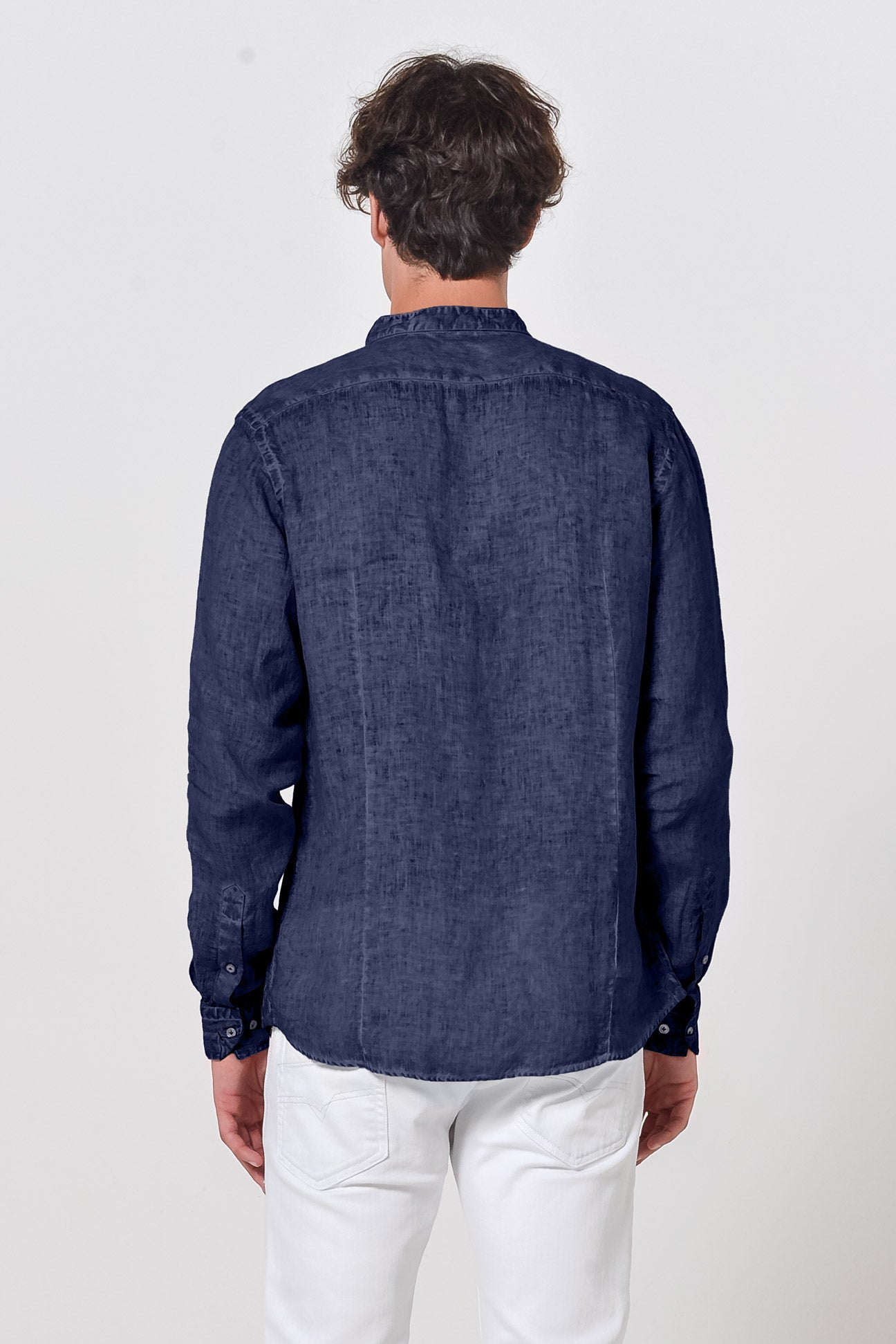 Banded Collar Linen Shirt - Navy - Shirts