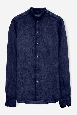 Banded Collar Linen Shirt - Navy - Shirts