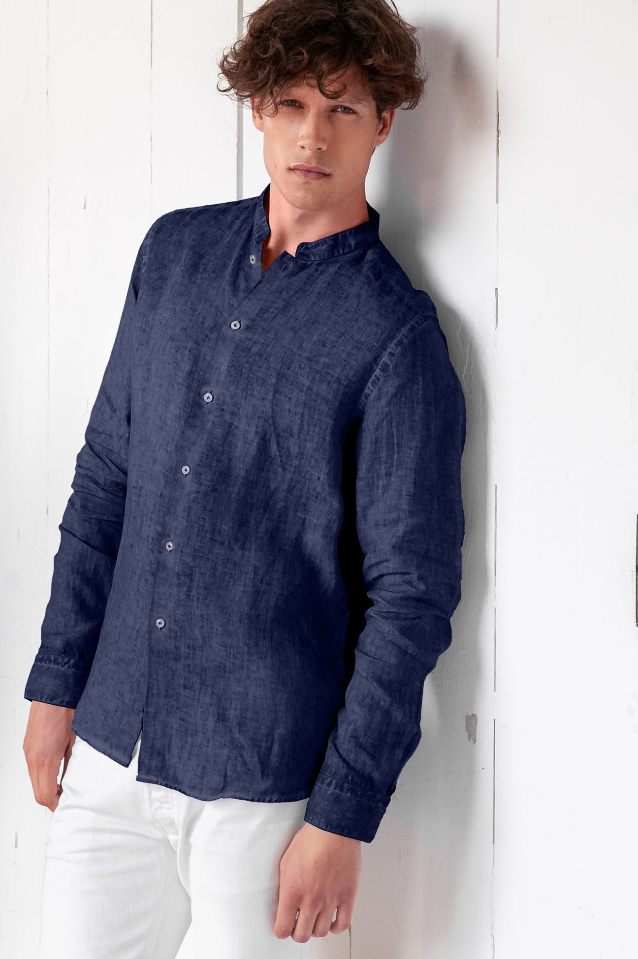 Banded Collar Linen Shirt - Navy - Shirts
