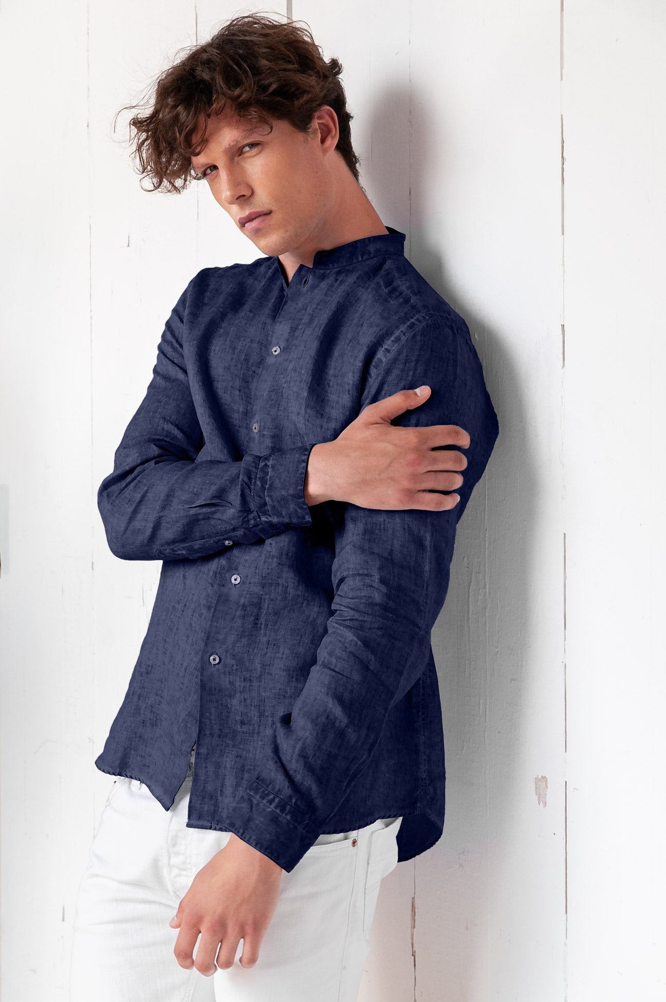 Banded Collar Linen Shirt - Navy - Shirts