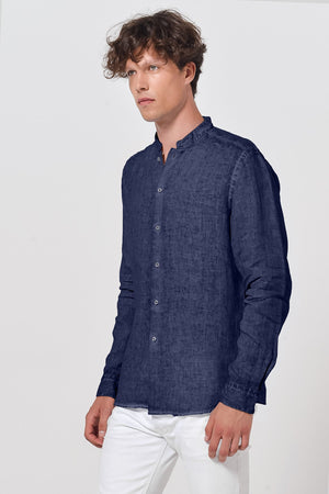 Banded Collar Linen Shirt - Navy - Shirts