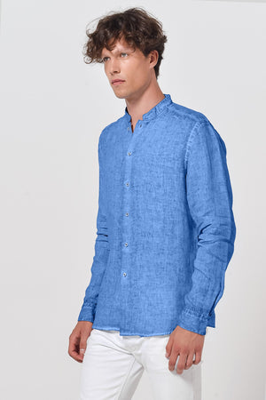 Banded Collar Linen Shirt - Oceano - Shirts