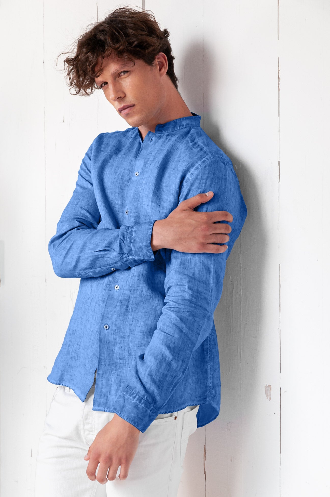 Banded Collar Linen Shirt - Oceano - Shirts