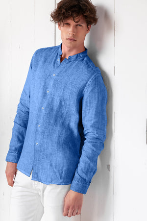Banded Collar Linen Shirt - Oceano - Shirts