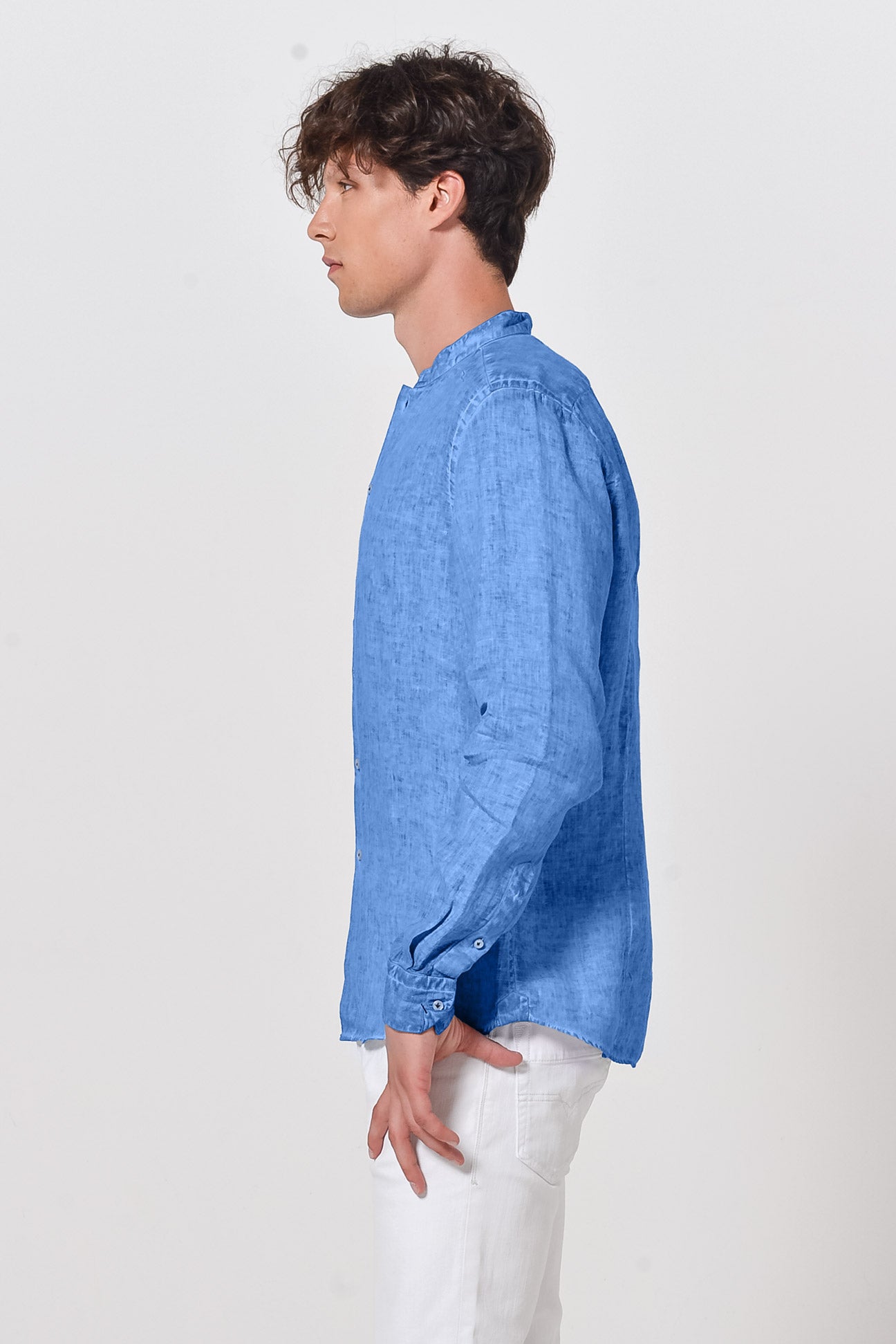 Banded Collar Linen Shirt - Oceano - Shirts