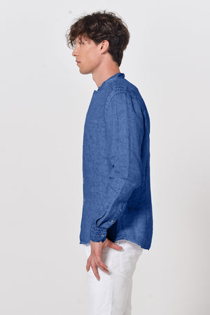 Banded Collar Linen Shirt - Pacific - Shirts