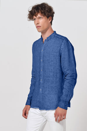 Banded Collar Linen Shirt - Pacific - Shirts