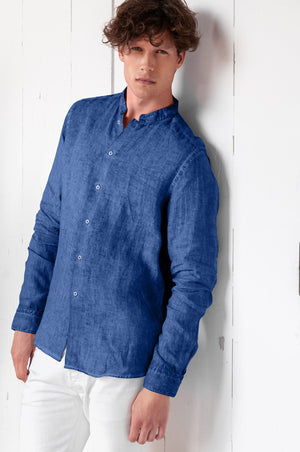 Banded Collar Linen Shirt - Pacific - Shirts