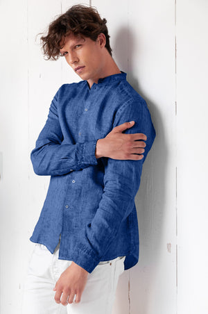 Banded Collar Linen Shirt - Pacific - Shirts