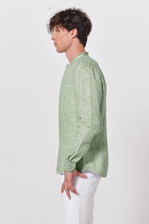 Banded Collar Linen Shirt - Palm - Shirts