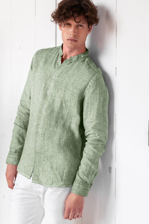 Banded Collar Linen Shirt - Palm - Shirts