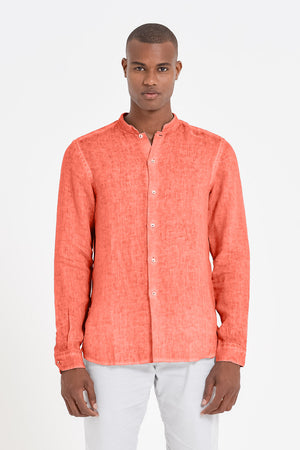 Banded Collar Linen Shirt - Papaya - Shirts