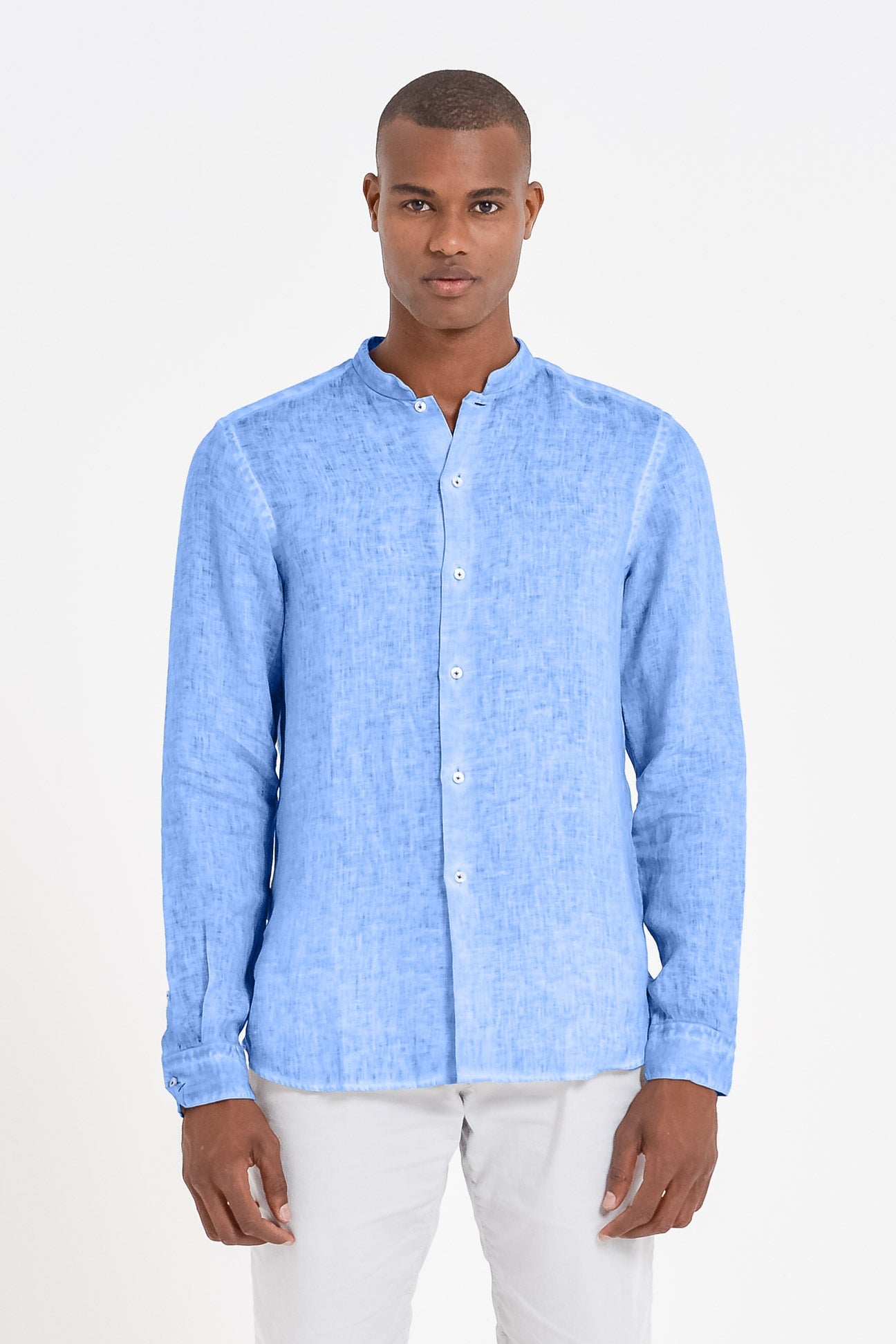 Banded Collar Linen Shirt - Santorini - Shirts