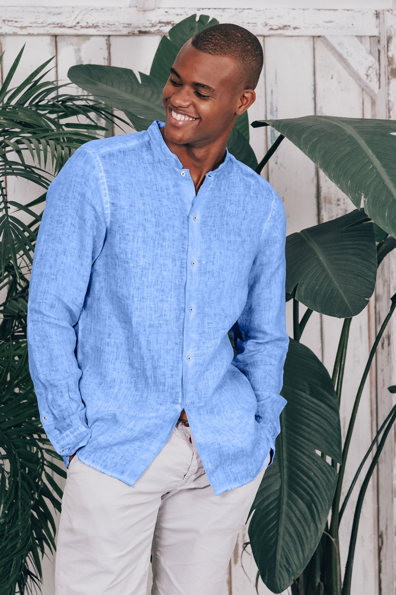 Banded Collar Linen Shirt - Santorini - Shirts