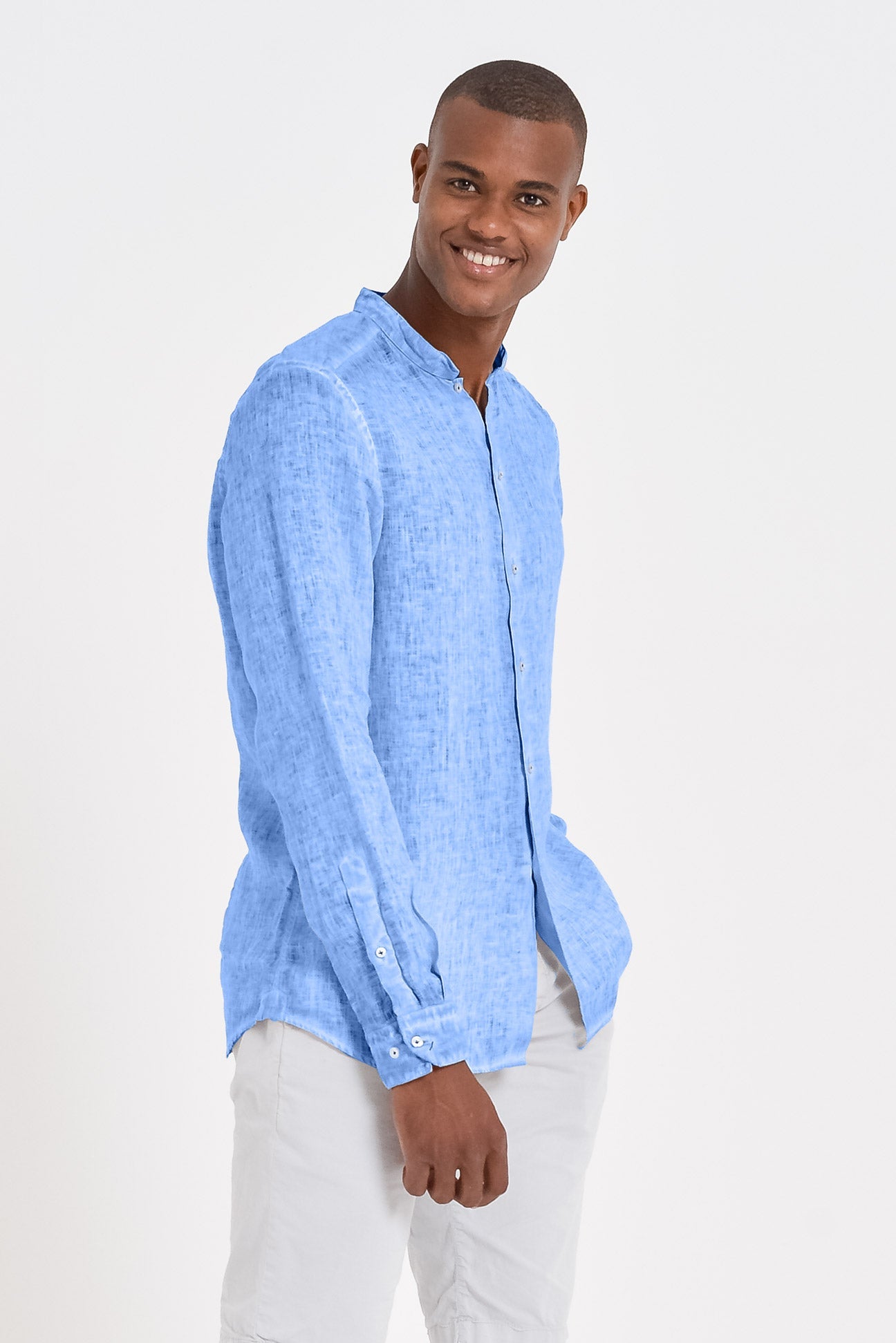 Banded Collar Linen Shirt - Santorini - Shirts