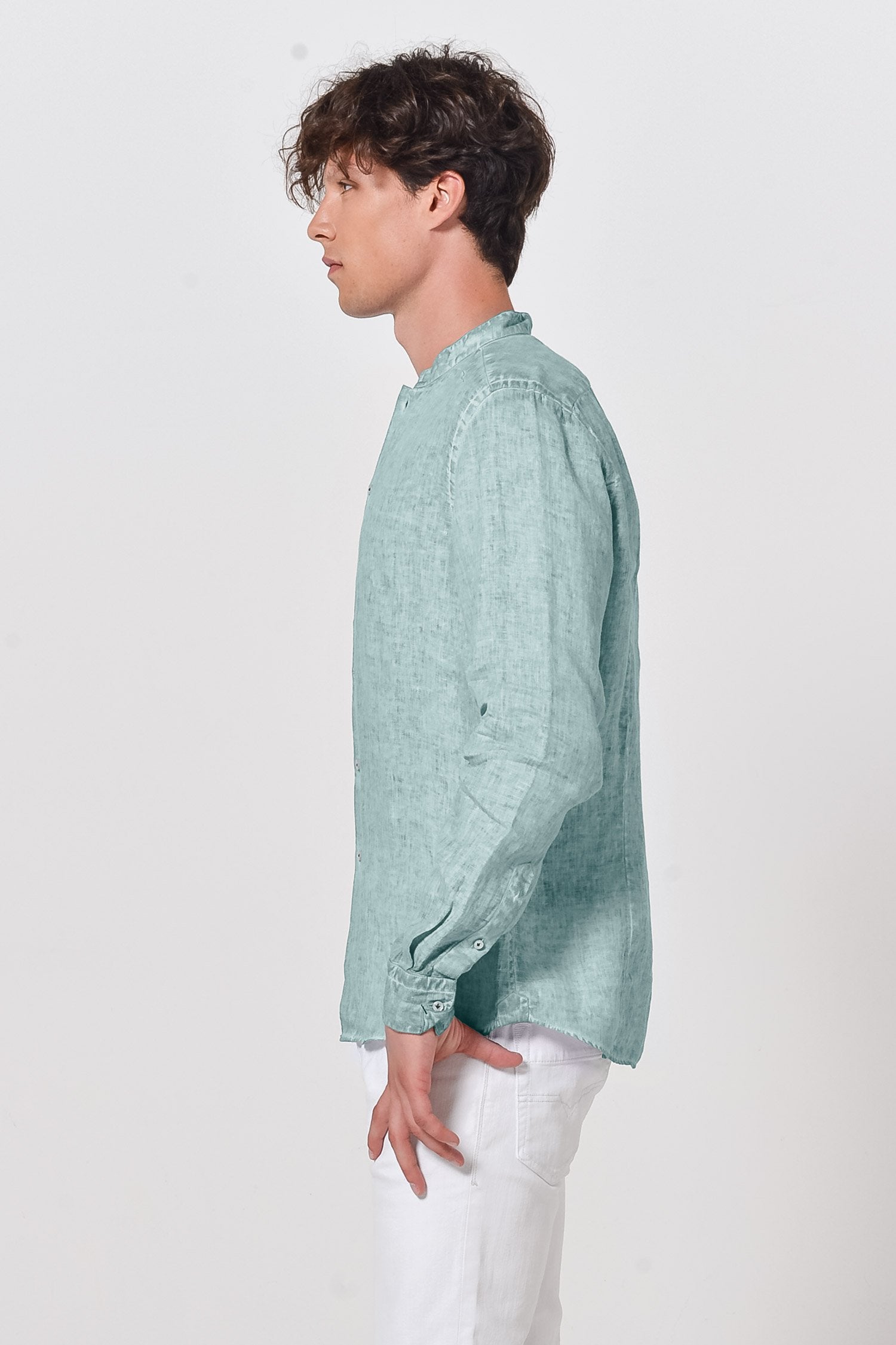 Banded Collar Linen Shirt - Shark - Shirts
