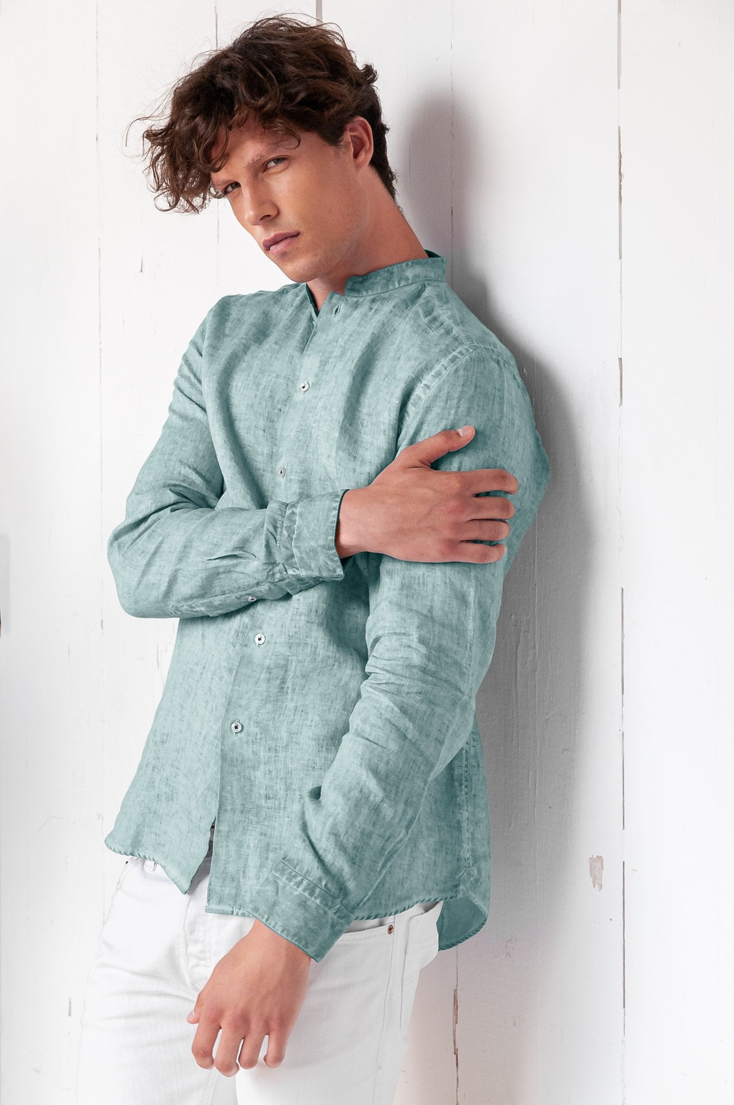 Banded Collar Linen Shirt - Shark - Shirts