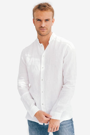 Banded Collar Linen Shirt - Bianco - Shirts