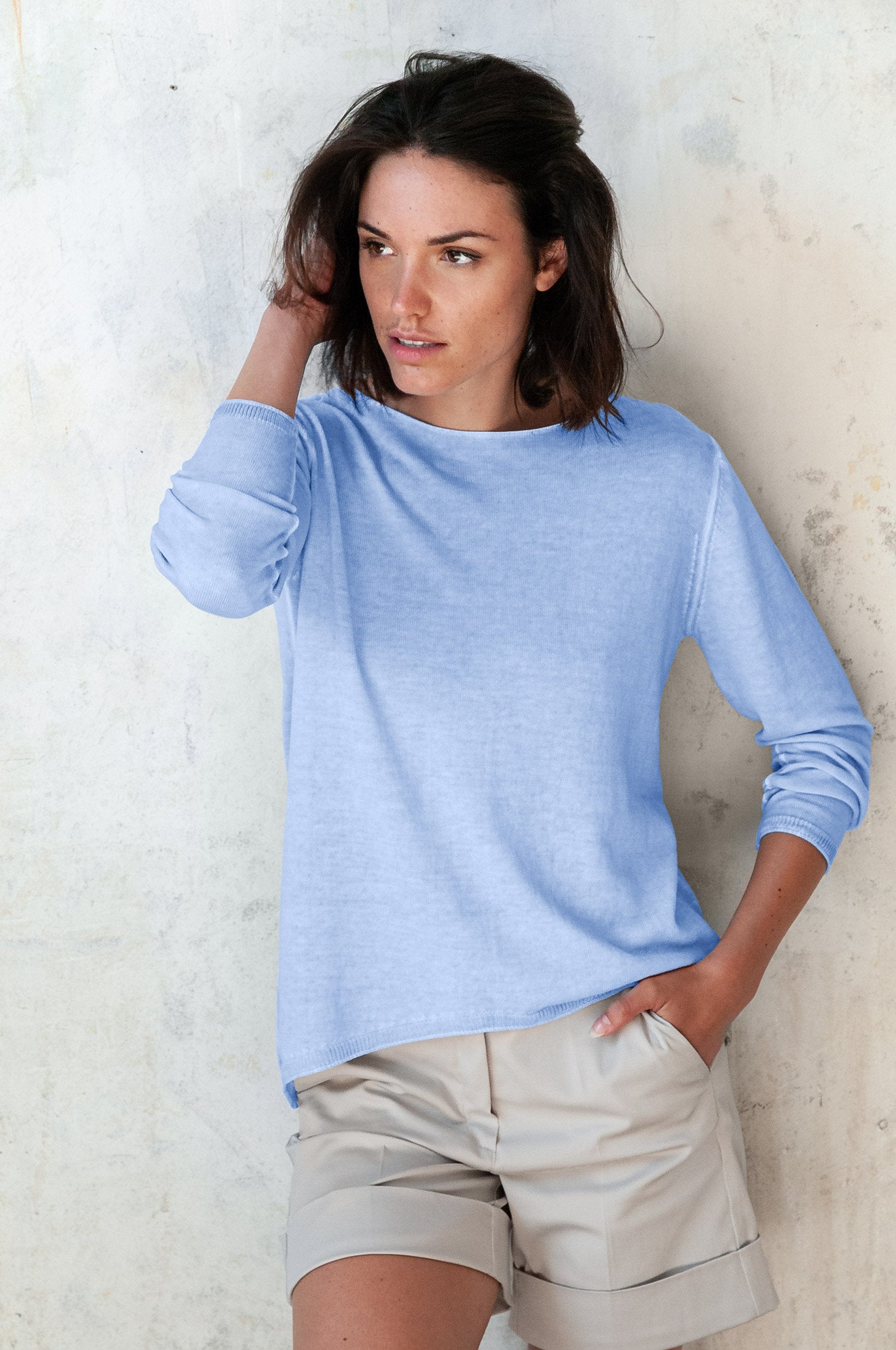 Boat Neck Cotton Sweater - Cielo - Sweaters