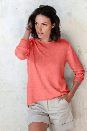 Boat Neck Cotton Sweater - Hibiscus - Sweaters