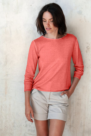 Boat Neck Cotton Sweater - Hibiscus - Sweaters