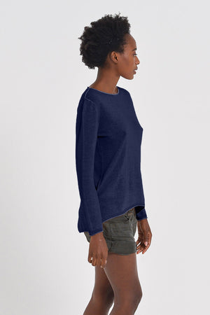 Boat Neck Cotton Sweater - Navy - Sweaters