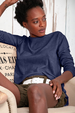 Boat Neck Cotton Sweater - Navy - Sweaters