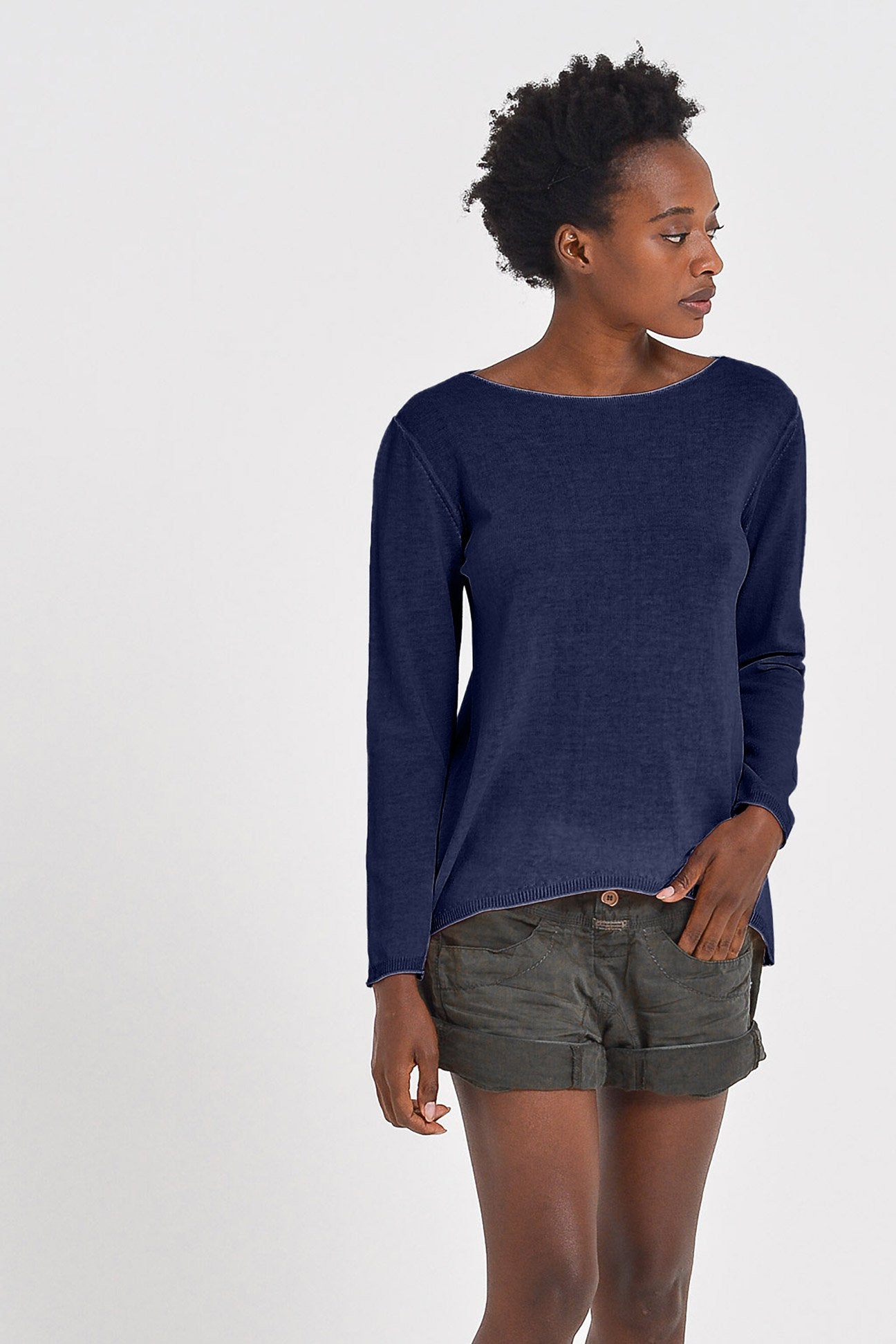 Boat Neck Cotton Sweater - Navy - Sweaters