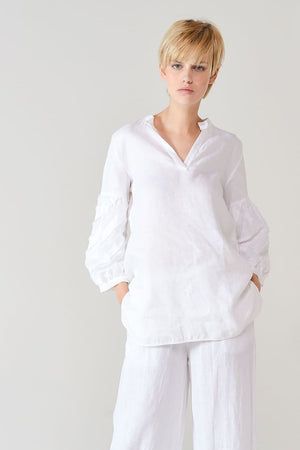 Caftan in Linen with Fil Coupé - Bianco - Shirts