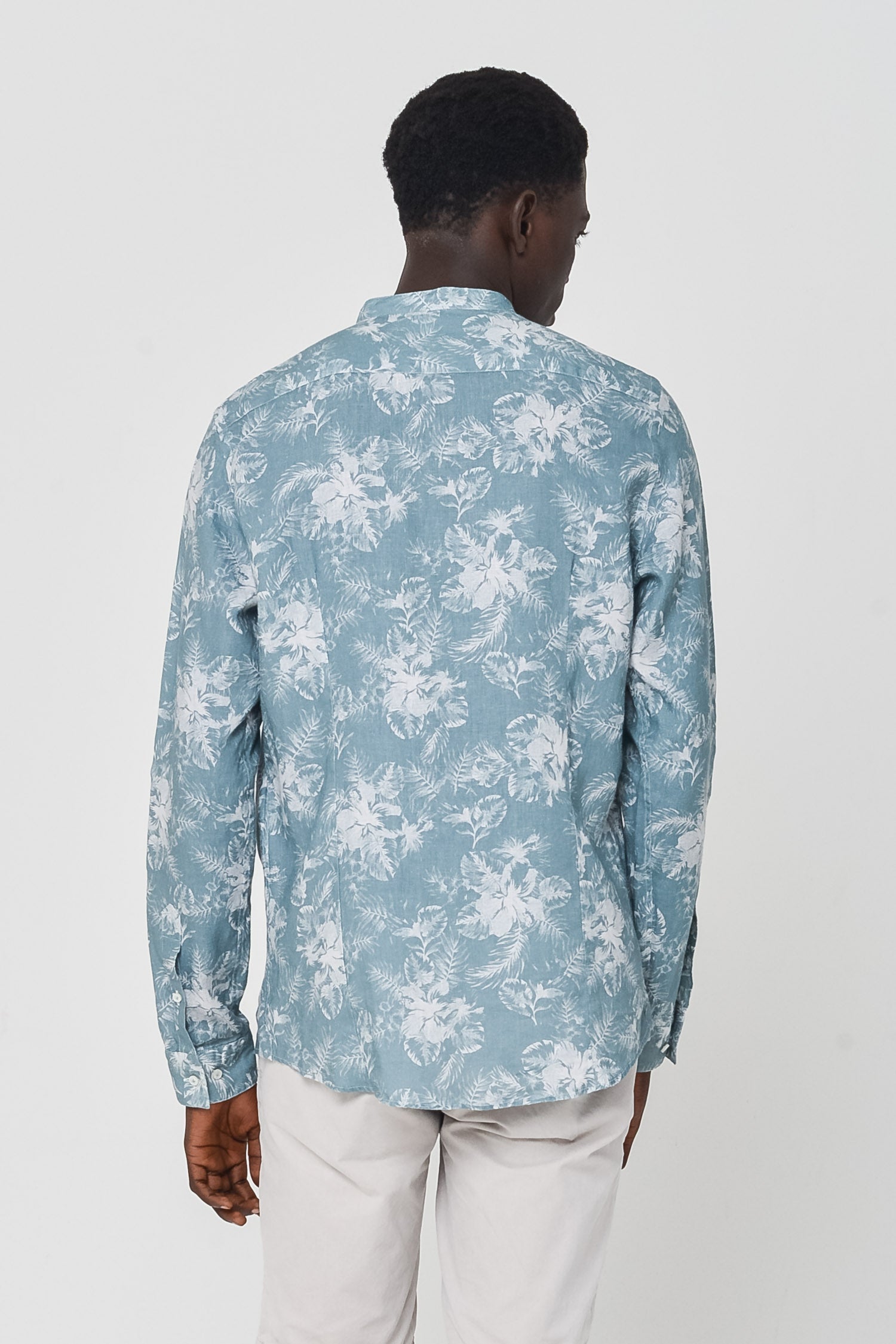 Collarless Shirt in Hibiscus Print Linen - Shirts