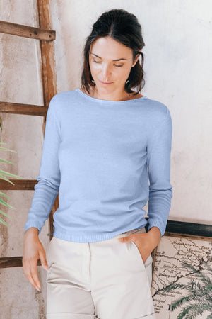Crew Neck Cotton Jumper - Cielo - Sweaters