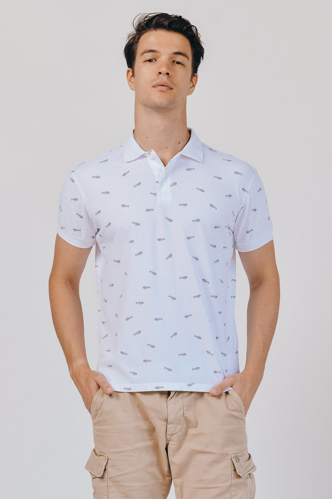Fishbone Patterned Polo Shirt - Bianco - Polos
