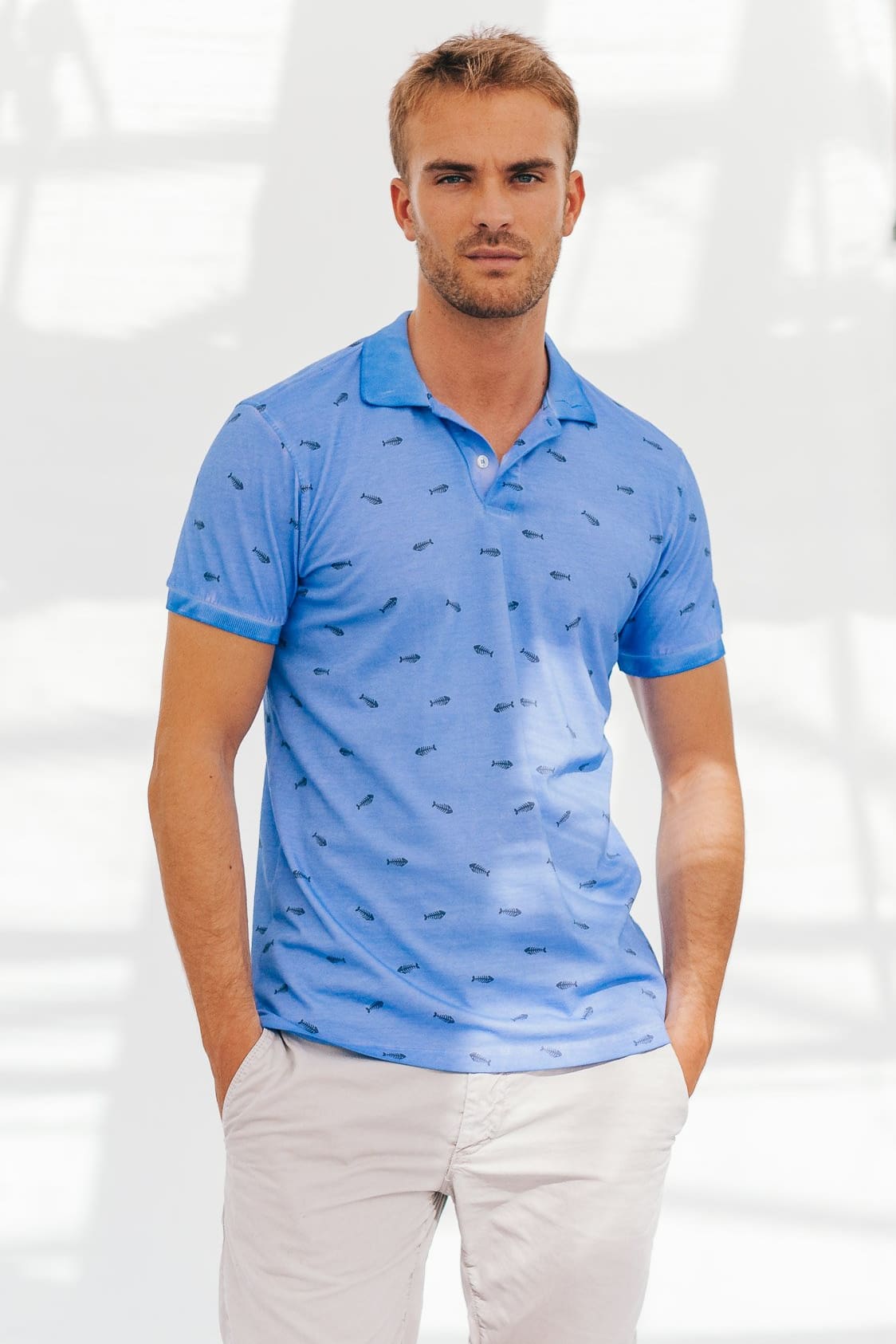 Fishbone Patterned Polo Shirt - Oceano - Polos