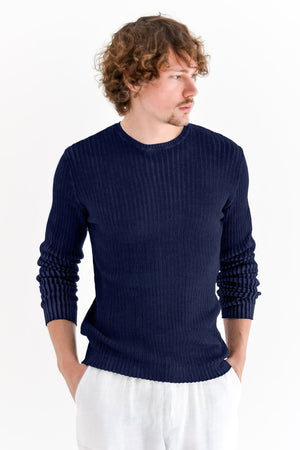 Flat Rib Cotton Sweater - Navy - Sweaters