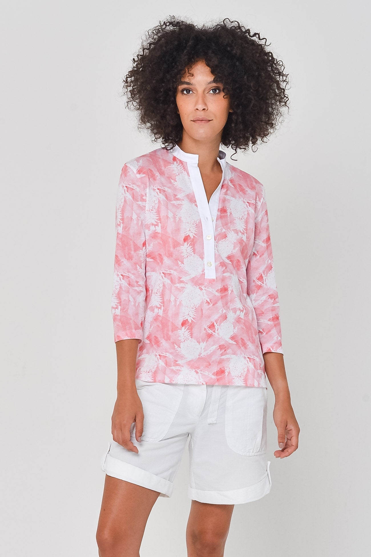 Fruit Print Collarless Polo in Hibiscus - Polos