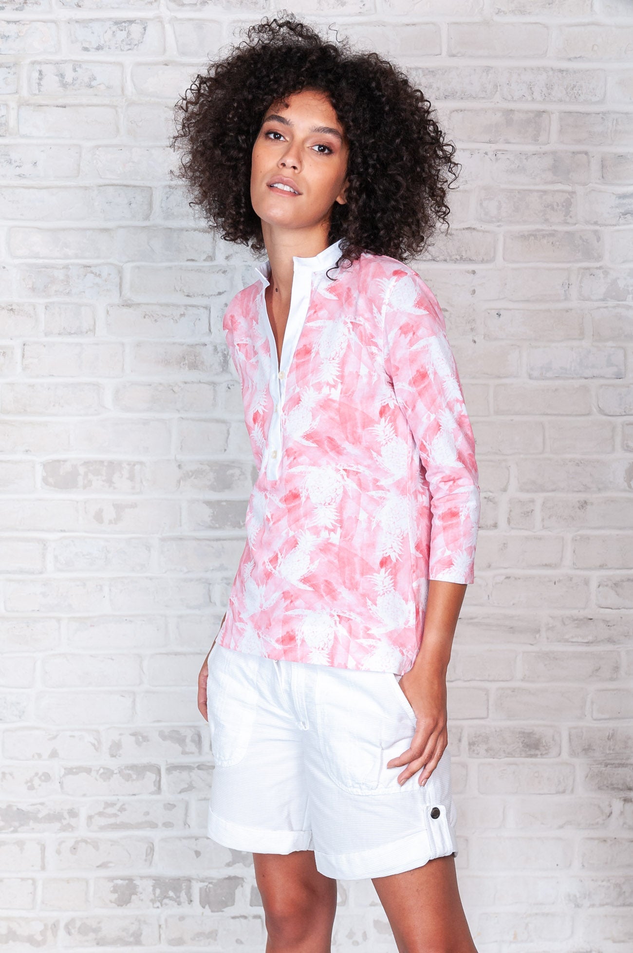 Fruit Print Collarless Polo in Hibiscus - Polos