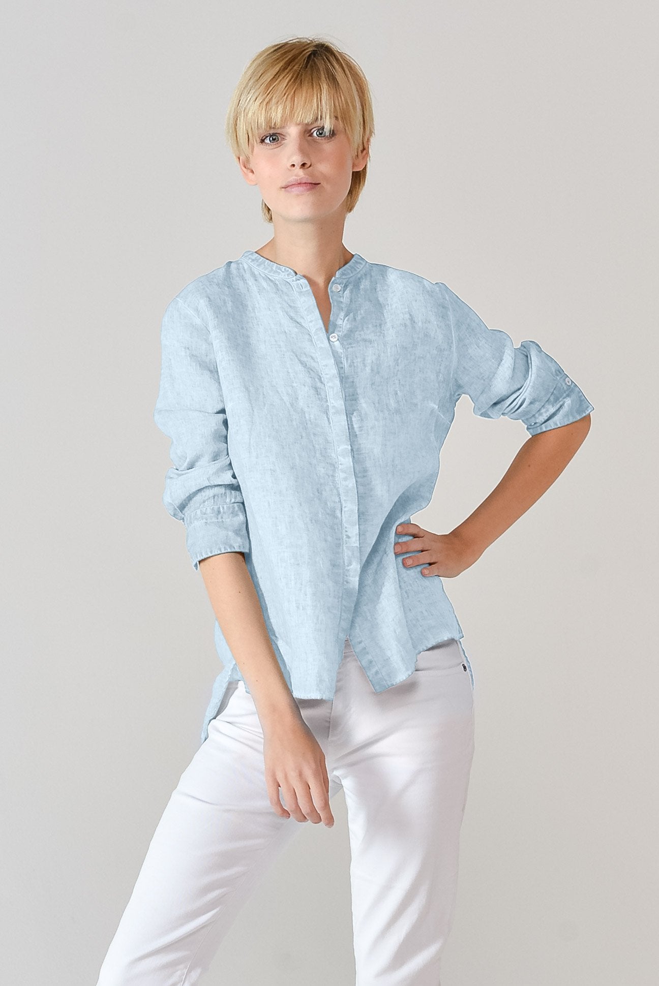 Linen Banded Collar Shirt - Anice - Shirts