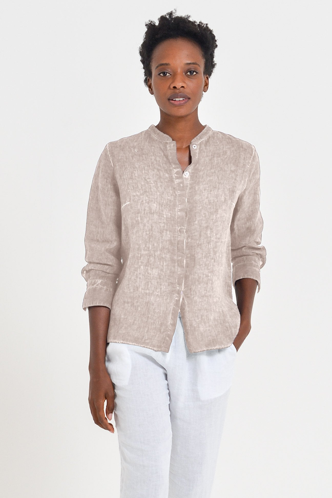 Linen Banded Collar Shirt - Canapa - Shirts