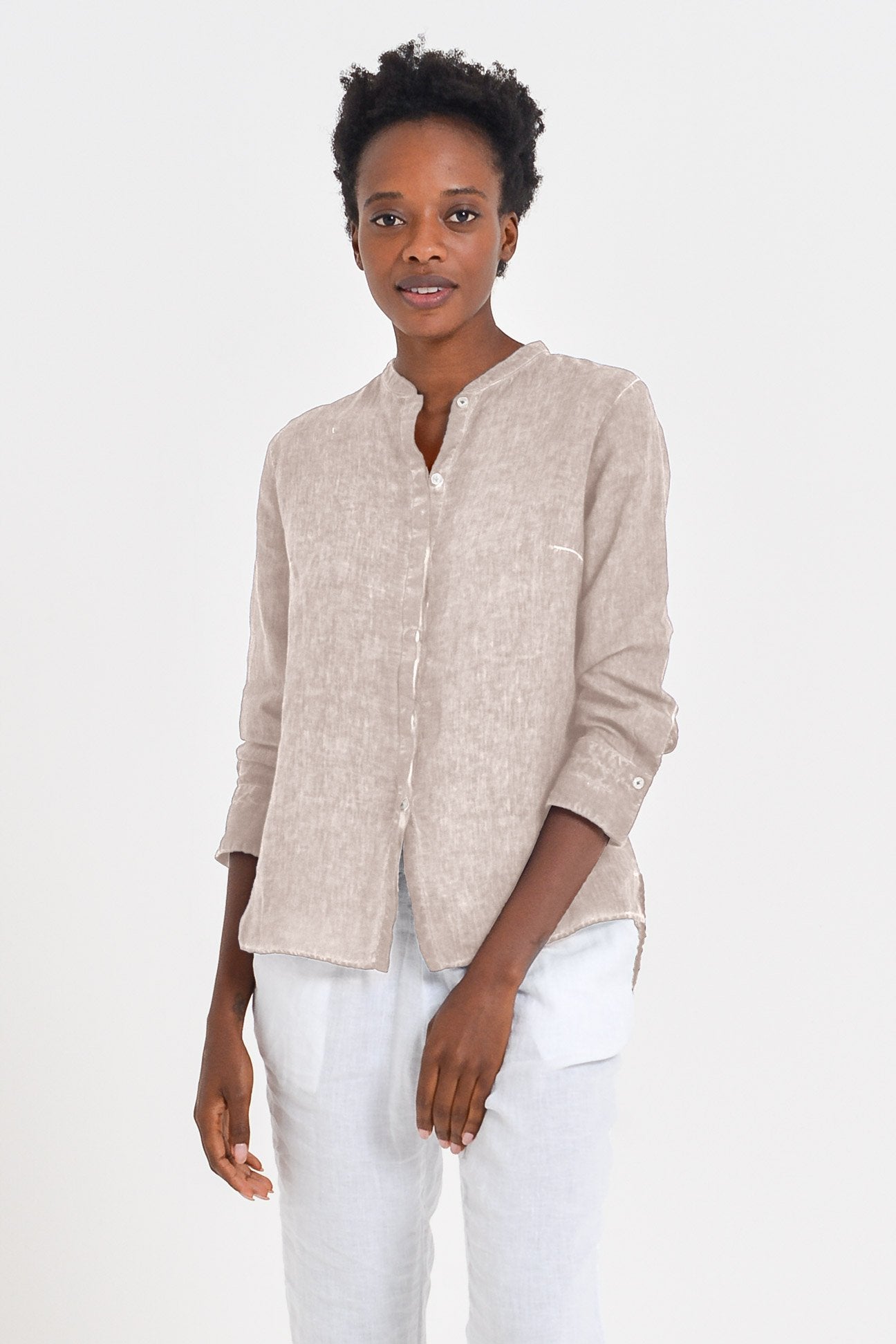 Linen Banded Collar Shirt - Canapa - Shirts