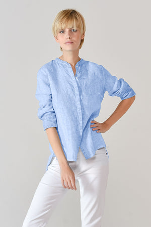 Linen Banded Collar Shirt - Cielo - Shirts