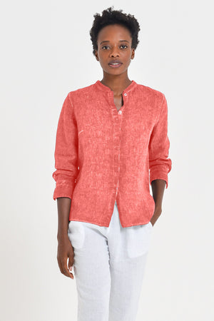 Linen Banded Collar Shirt - Hibiscus - Shirts